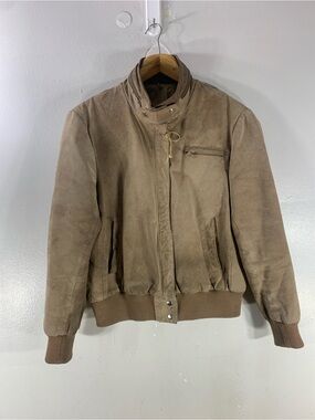 Vintage Distressed Suede Leather Bomber Jacket – Tan Brown – High Collar